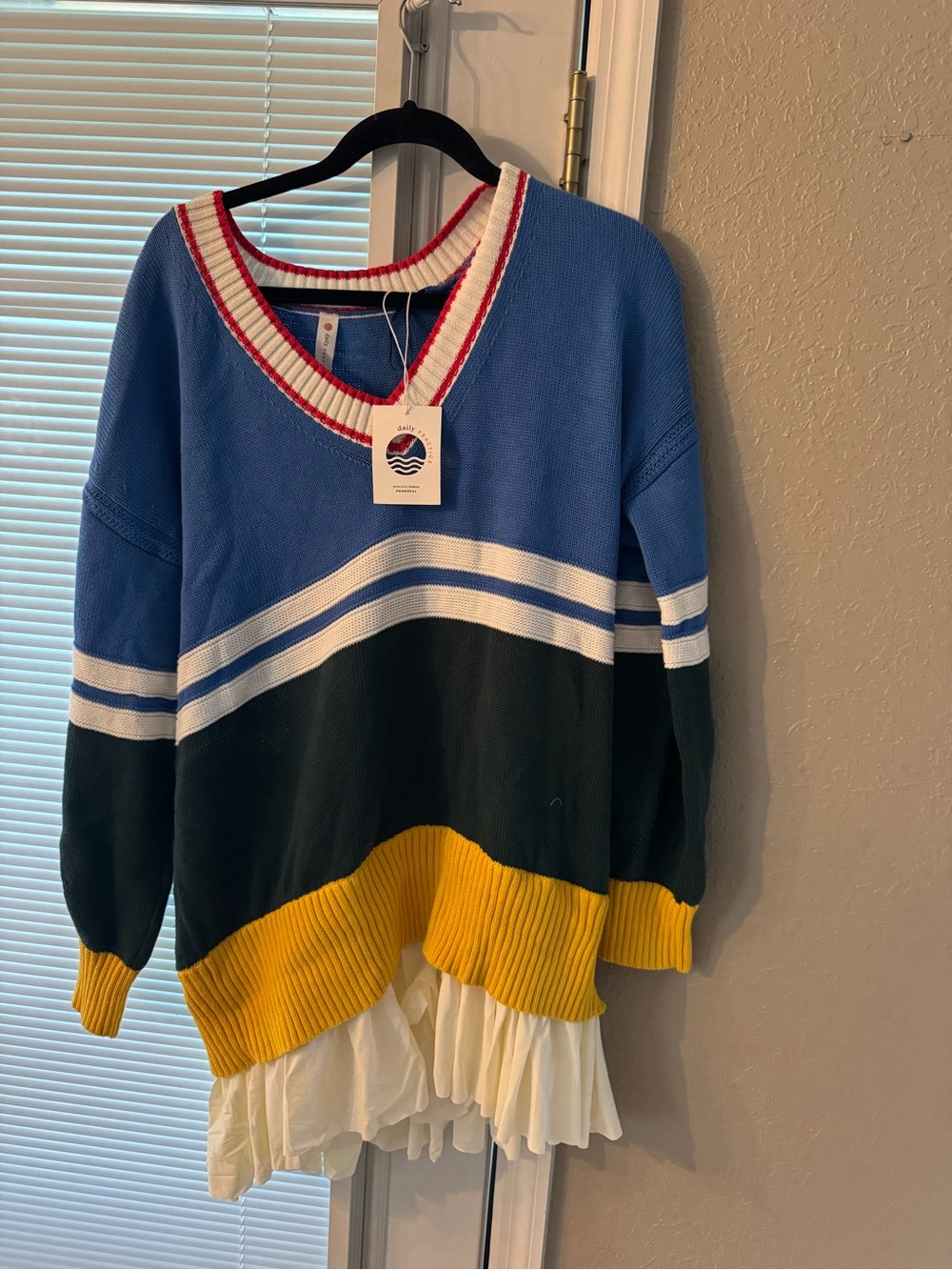Colorblock V-Neck Long Sleeve Dress with Ruffle Hem - daily Practice size medium